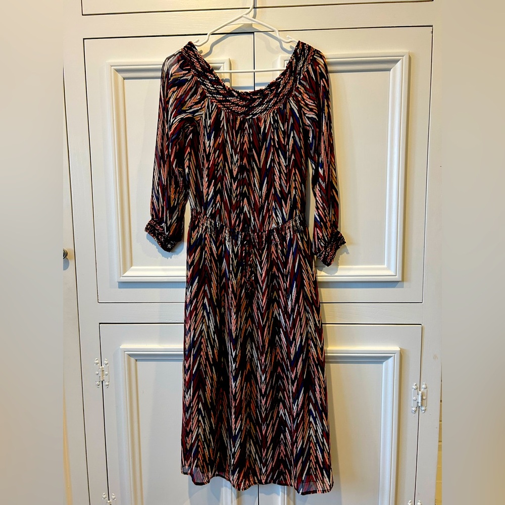 Ella Moss off shoulder dress, size Medium, hits above ankle, and multi color.